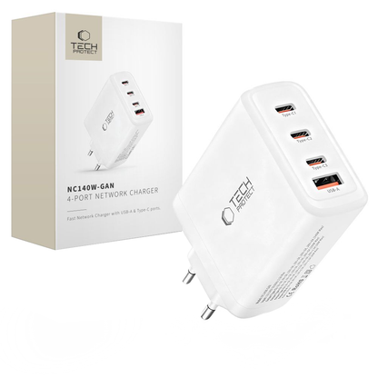 Caricabatterie Retea Tech-Protect NC140W-GAN, 140W, 5A, 1 x USB-A - 3 x USB-C, Bianco