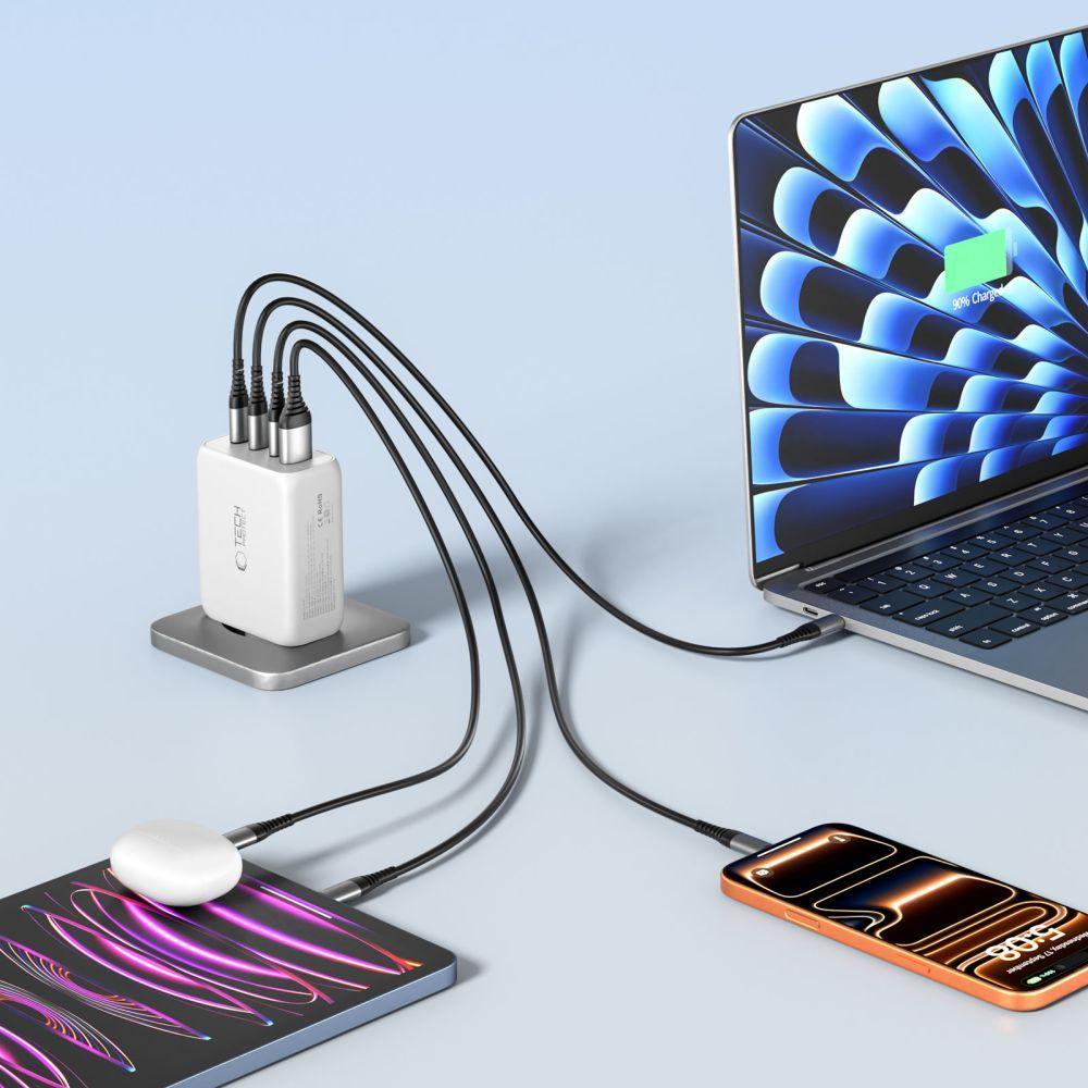Tech-Protect NC200W-GAN Network Charger, 200W, 5A, 1 x USB-A - 3 x USB-C, White