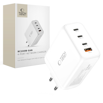 Tech-Protect NC200W-GAN Network Charger, 200W, 5A, 1 x USB-A - 3 x USB-C, White