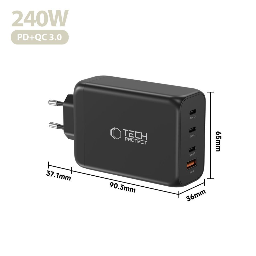 Caricabatterie Retea Tech-Protect NC240W-GAN, 240W, 5A, 1 x USB-A - 3 x USB-C, Nero
