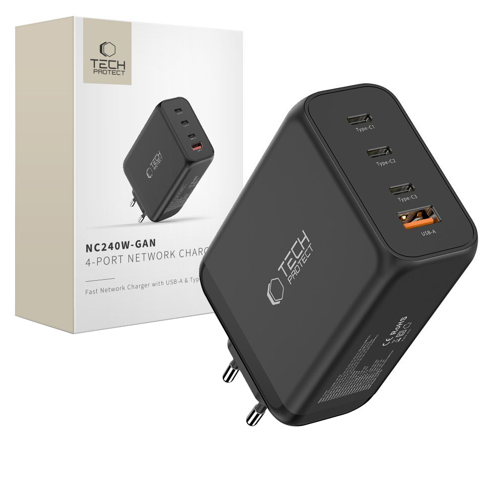 Caricabatterie Retea Tech-Protect NC240W-GAN, 240W, 5A, 1 x USB-A - 3 x USB-C, Nero