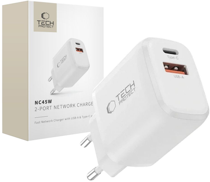 Caricabatterie Rete Tech-Protect NCA45W, 45W, 3A, 1 x USB-A - 1 x USB-C, Bianco