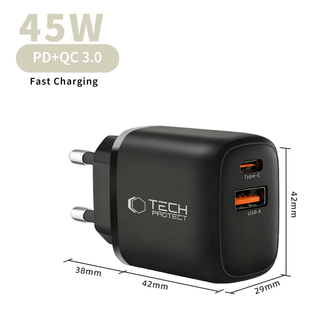 Caricabatterie Rete Tech-Protect NCA45W, 45W, 3A, 1 x USB-A - 1 x USB-C, Nero