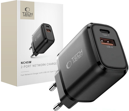 Caricabatterie Rete Tech-Protect NCA45W, 45W, 3A, 1 x USB-A - 1 x USB-C, Nero
