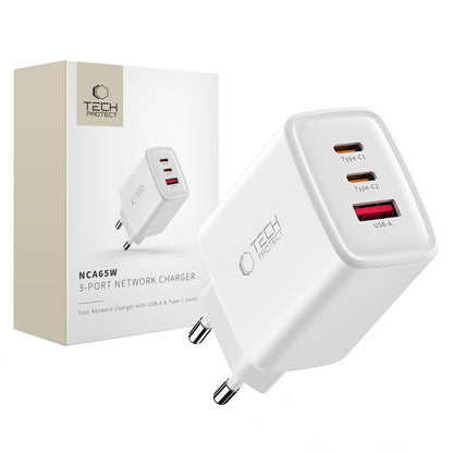 Caricabatterie Rete Tech-Protect NCA65W, 65W, 3A, 1 x USB-A - 2 x USB-C, Bianco