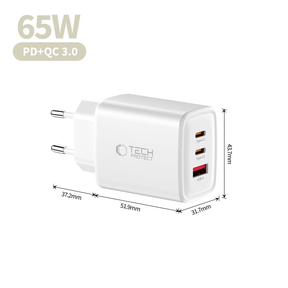 Caricabatterie Rete Tech-Protect NCA65W, 65W, 3A, 1 x USB-A - 2 x USB-C, Bianco