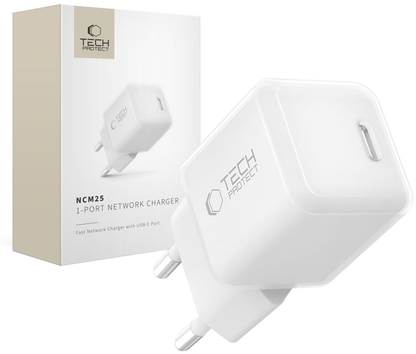 Caricatore da rete Tech-Protect NCM25, 25W, 3A, 1 x USB-C, Bianco