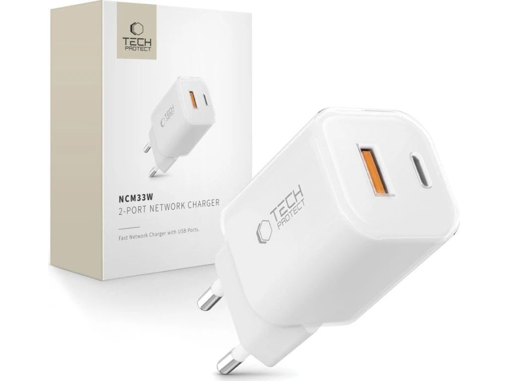 Caricabatterie Retea Tech-Protect NCM33W, 33W, 3A, 1 x USB-A - 1 x USB-C, Bianco