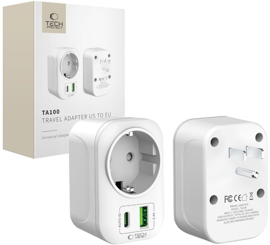 Caricabatterie Retea Tech-Protect TA100 Travel US, 20W, 3A, 1 x Schuko - 1 x USB-A - 1 x USB-C, Bianco