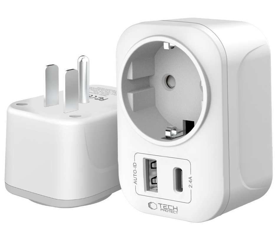 Caricabatterie Retea Tech-Protect TA100 Travel US, 20W, 3A, 1 x Schuko - 1 x USB-A - 1 x USB-C, Bianco