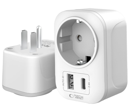 Caricabatterie Retea Tech-Protect TA100 Travel US, 20W, 3A, 1 x Schuko - 1 x USB-A - 1 x USB-C, Bianco
