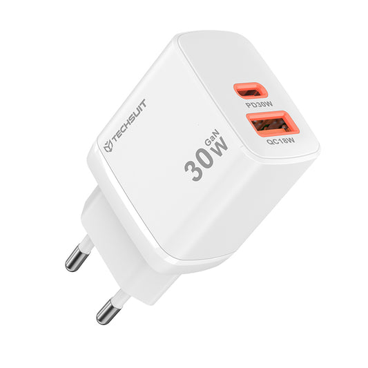 Caricabatterie Retea Techsuit CH1 Duonix, 30W, 3A, 1 x USB-A - 1 x USB-C, Bianco