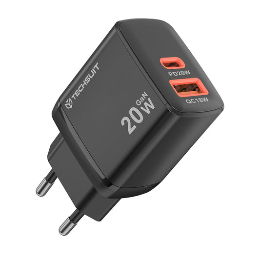 Caricabatterie Rete Techsuit CH2 Duonix, 20W, 3A, 1 x USB-A - 1 x USB-C, Nero