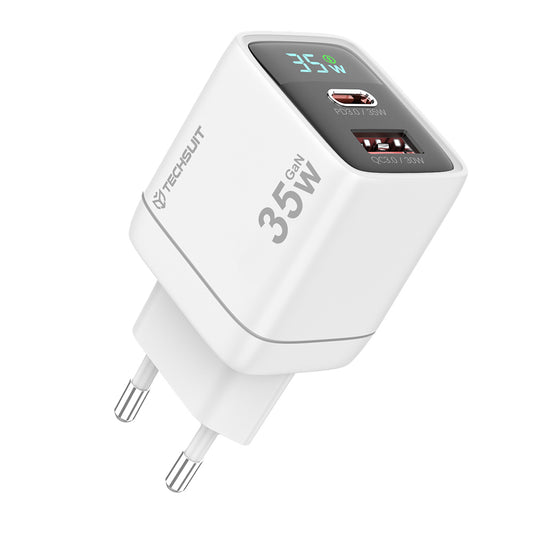 Caricabatterie Rete Techsuit CH3 LEDChargX Display, 35W, 3A, 1 x USB-A - 1 x USB-C, Bianco
