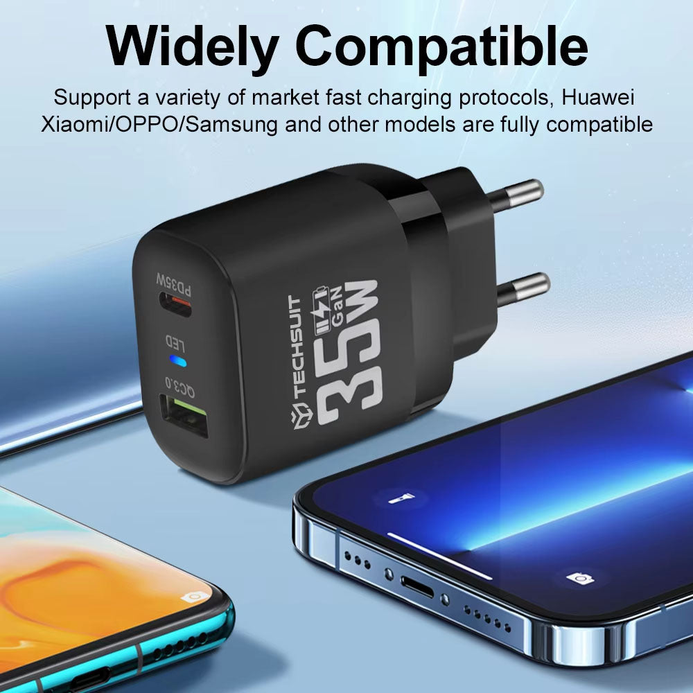Caricabatterie Rete Techsuit CHPD174, 35W, 3A, 1 x USB-A - 1 x USB-C, Nero