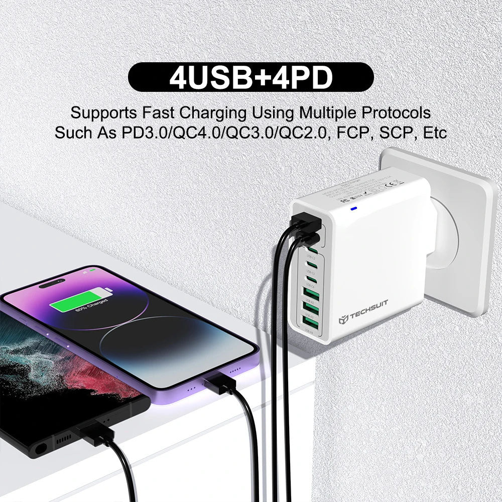 Caricabatterie Retea Techsuit CHPD224, 65W, 3.25A, 4 x USB-A - 4 x USB-C, Nero