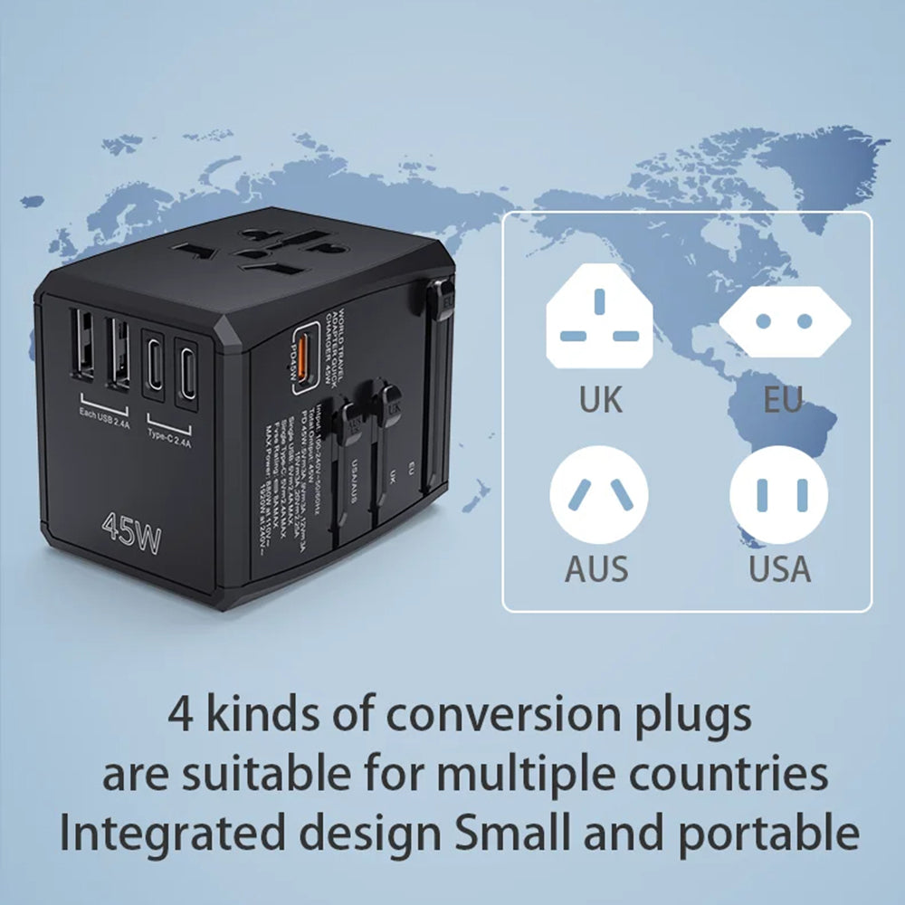 Caricabatterie da Rete Techsuit HHT905 Travel, 45W, 3A, 2 x USB-A - 2 x USB-C, Nero