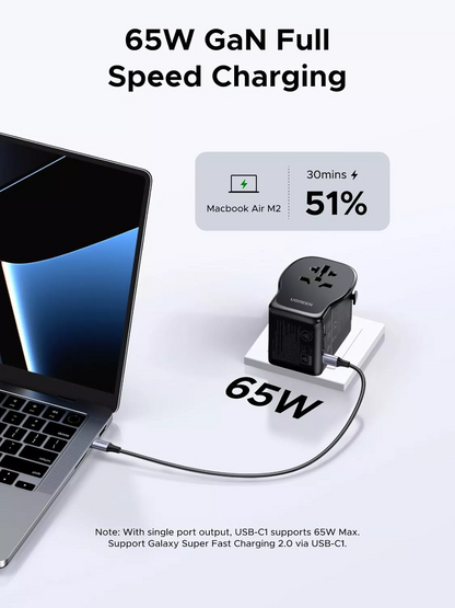 Caricatore da rete UGREEN Travel S550 (55001), 65W, 3,25A, 1 x USB-A - 2 x USB-C, Nero