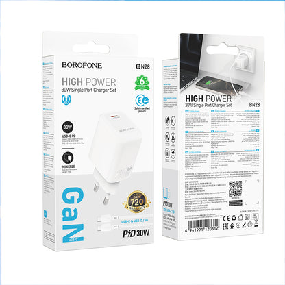Caricabatterie Rete con Cavo USB-C Borofone BN28 Fuente, 30W, 3A, 1 x USB-C, Bianco