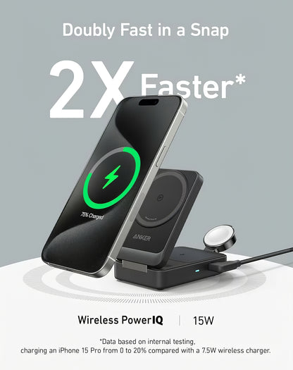 Caricabatterie Wireless Anker MagGo 3in1, 15W, 1.67A, Nero, Ricondizionato B2557311