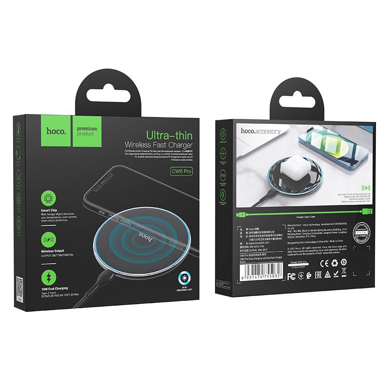 Caricabatterie Wireless HOCO CW6 Pro, 15W, 1.67A, Nero