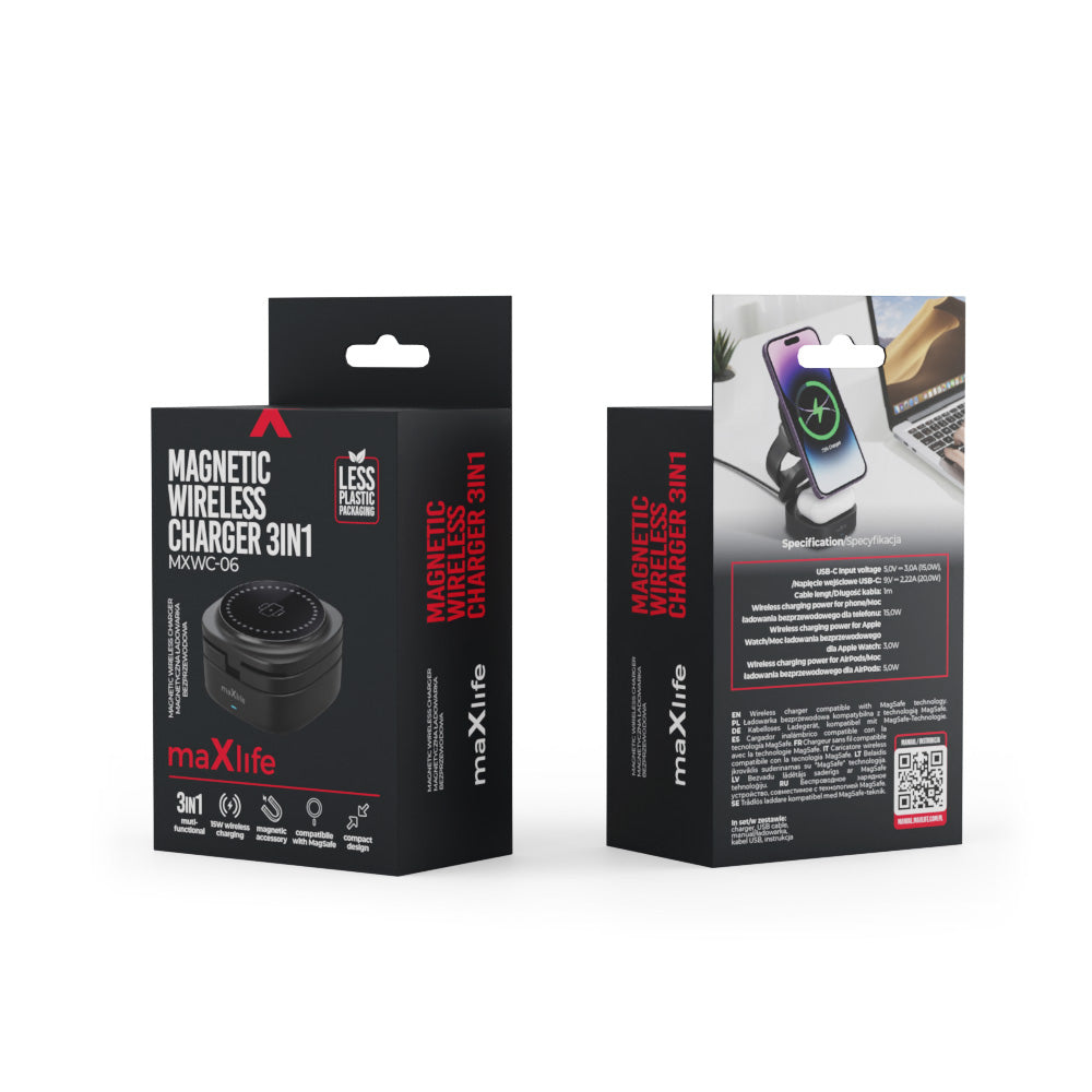 MaXlife MXWC-06 3in1 Wireless Network Charger, 15W, 1.67A, Black