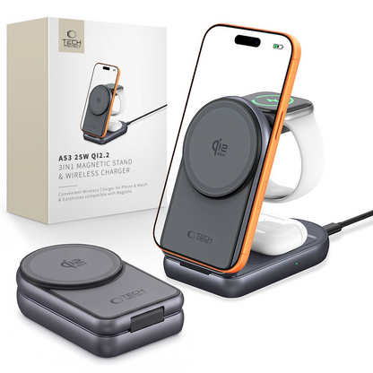 Caricatore da rete wireless Tech-Protect A53 3in1, 25W, Grigio