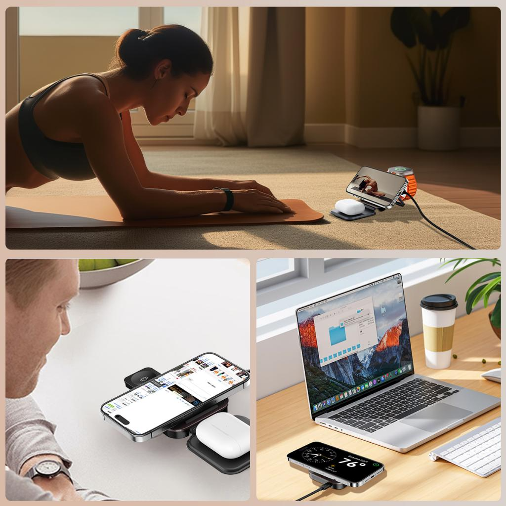 Caricabatterie Wireless Retea XO Design CX035 3in1, 15W, 1.67A, Nero