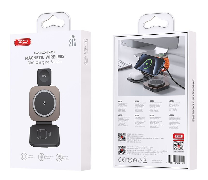 Caricabatterie Wireless Retea XO Design CX035 3in1, 15W, 1.67A, Nero