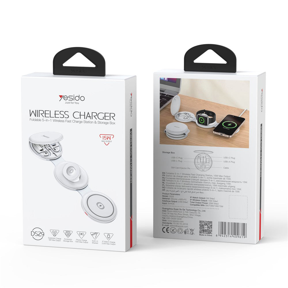 Caricabatterie Wireless Yesido DS29 5in1, 15W, 1.67A, Bianco