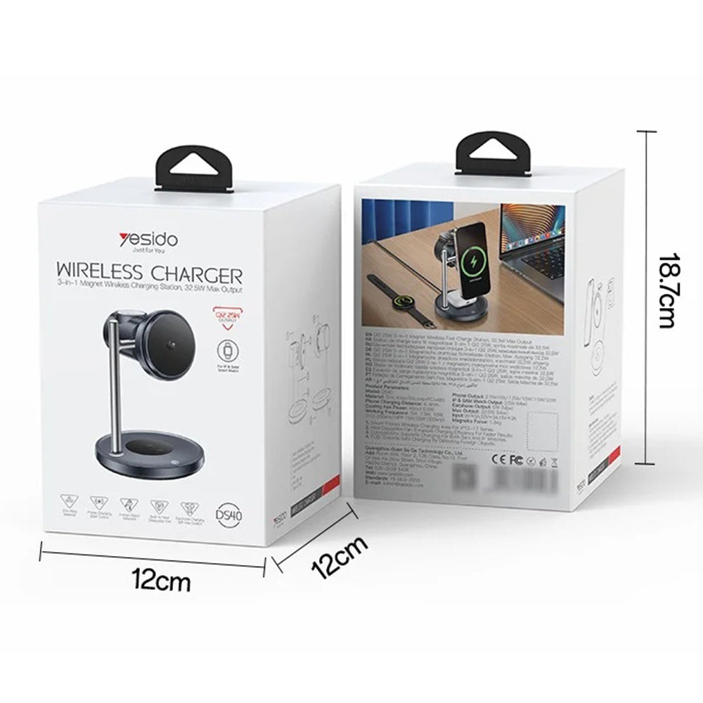 Caricabatterie Wireless Yesido DS40 3in1, 25W, 1.67A, Nero