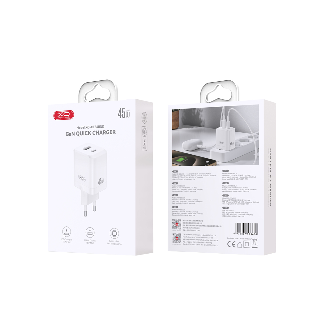 Caricabatterie Rete XO Design CE36, 45W, 3A, 1 x USB-A - 1 x USB-C, Bianco