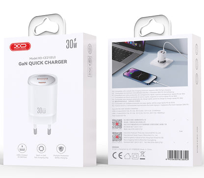 Caricabatterie Rete XO Design CE21, 30W, 3A, 1 x USB-A - 1 x USB-C, Bianco