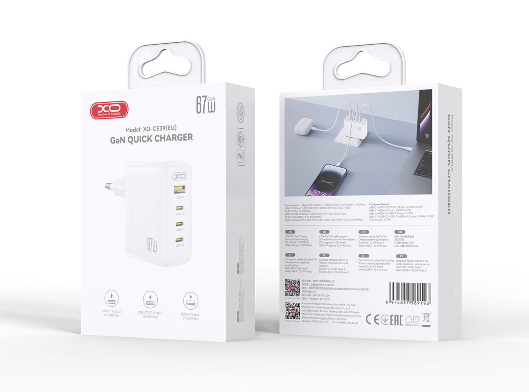 Caricatore da rete XO Design CE39, 67W, 3A, 1 x USB-A - 3 x USB-C, Bianco