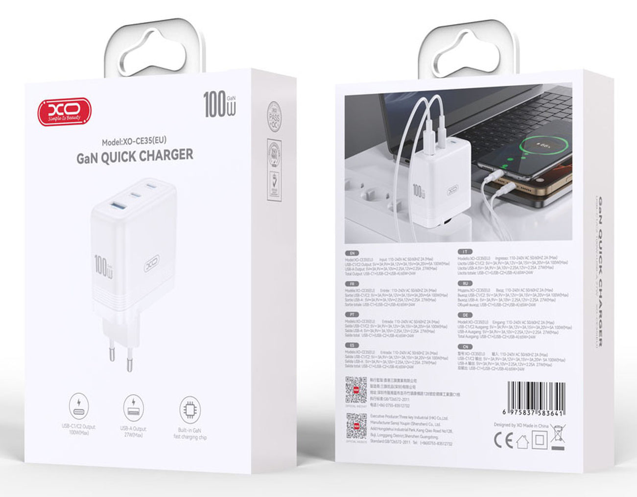 XO Design CE35 Network Charger, 100W, 5A, 1 x USB-A - 2 x USB-C, White
