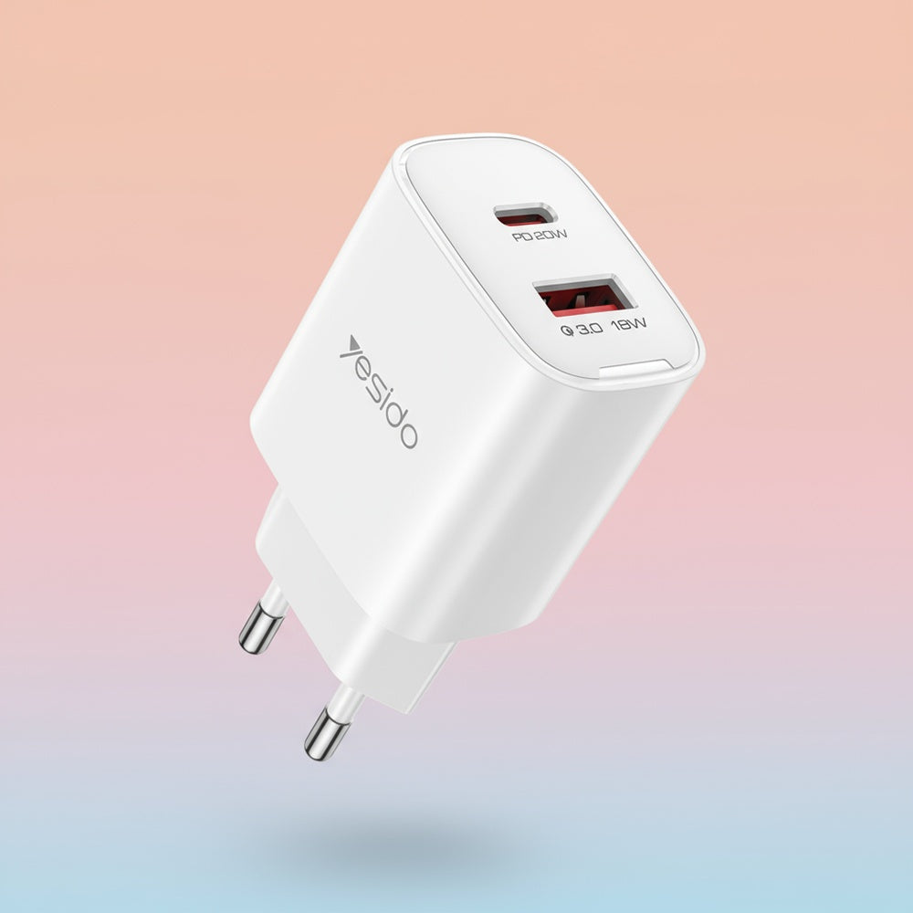 Caricabatterie Rete Yesido YC02E, 20W, 3A, 1 x USB-A - 1 x USB-C, Bianco