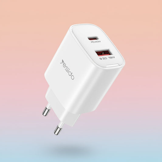 Caricabatterie Rete Yesido YC02E, 20W, 3A, 1 x USB-A - 1 x USB-C, Bianco
