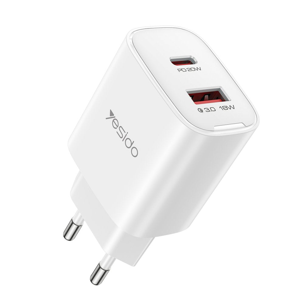 Caricabatterie Rete Yesido YC02E, 20W, 3A, 1 x USB-A - 1 x USB-C, Bianco