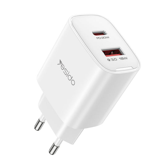 Caricabatterie Rete Yesido YC02E, 20W, 3A, 1 x USB-A - 1 x USB-C, Bianco