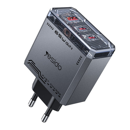 Caricabatterie Rete Yesido YC101, 65W, 3.25A, 1 x USB-A - 2 x USB-C, Nero