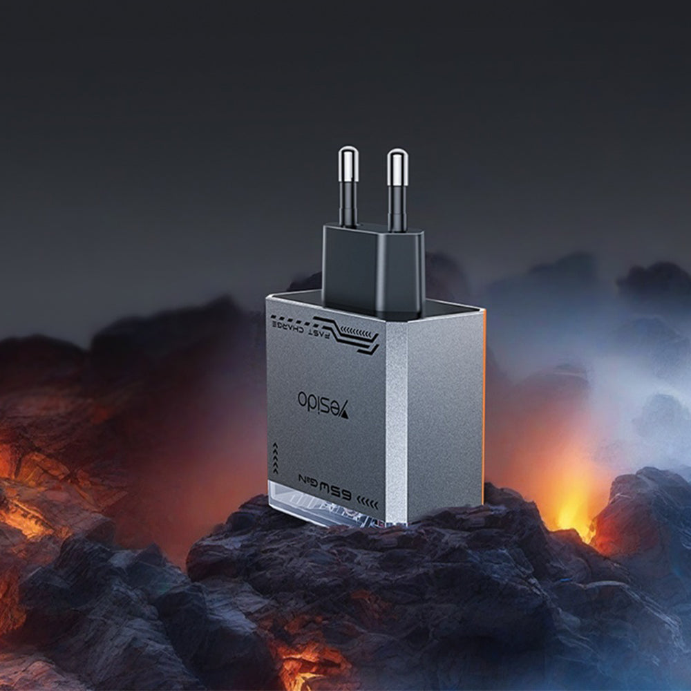 Caricabatterie Rete Yesido YC101, 65W, 3.25A, 1 x USB-A - 2 x USB-C, Nero