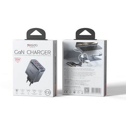 Caricabatterie Rete Yesido YC101, 65W, 3.25A, 1 x USB-A - 2 x USB-C, Nero