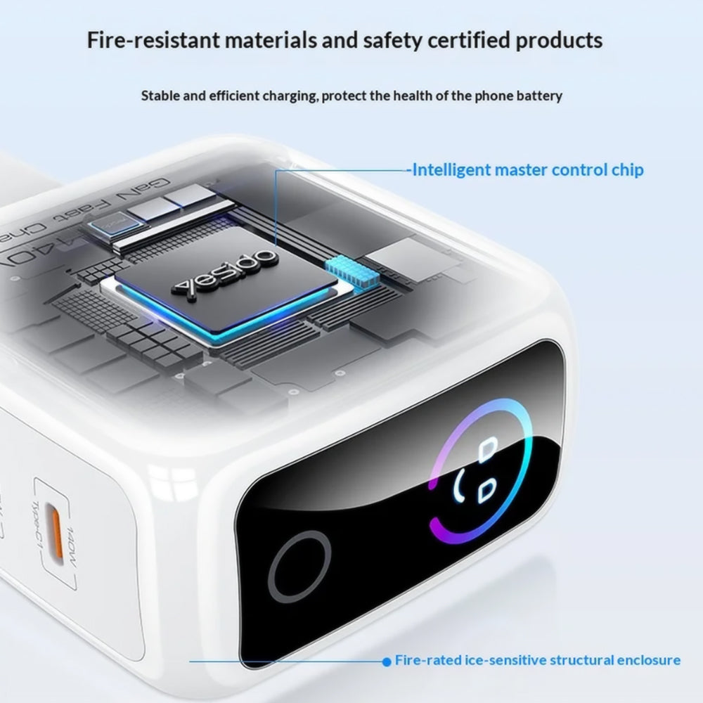 Caricatore da rete Yesido YC114 Display, 140W, 5A, 1 x USB-A - 2 x USB-C, Bianco