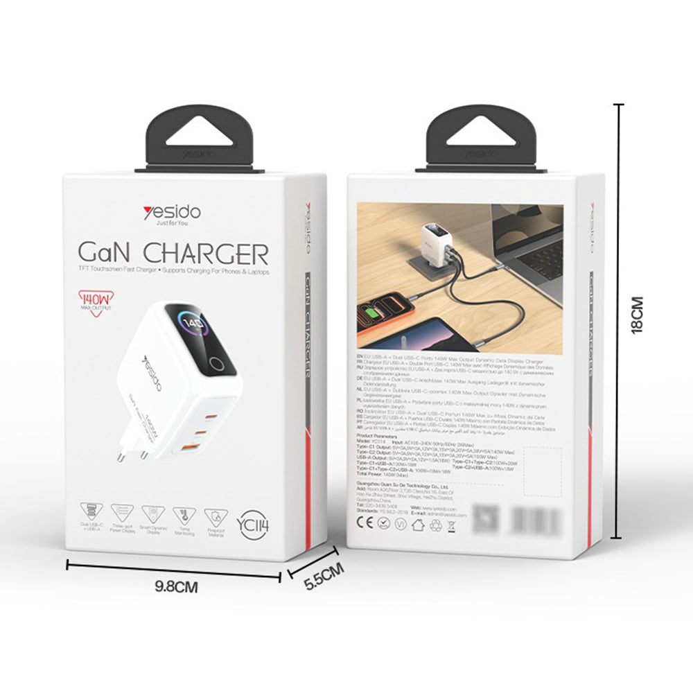 Caricatore da rete Yesido YC114 Display, 140W, 5A, 1 x USB-A - 2 x USB-C, Bianco