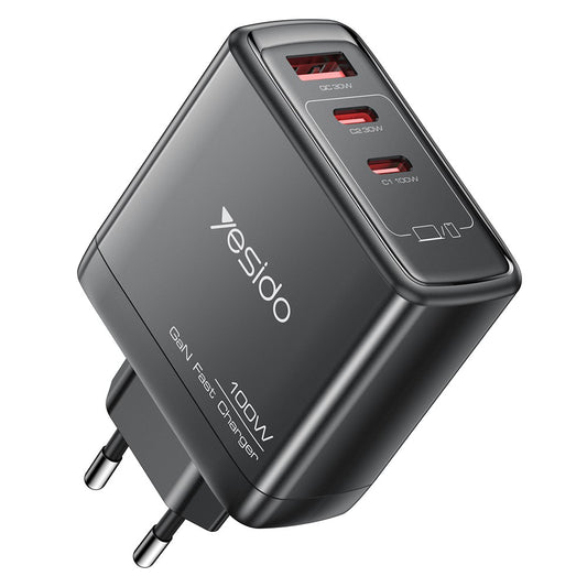Caricabatterie Rete Yesido YC142, 100W, 5A, 1 x USB-A - 2 x USB-C, Nero