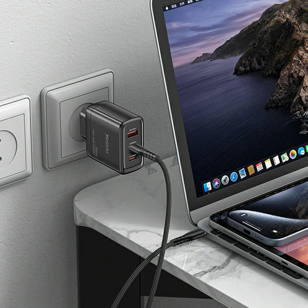 Caricabatterie Rete Yesido YC144, 65W, 3.25A, 1 x USB-A - 2 x USB-C, Nero