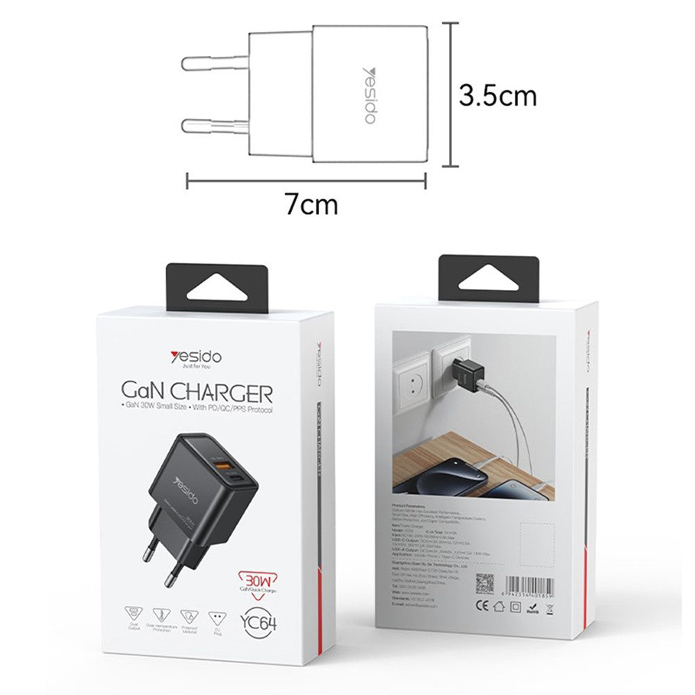 Caricabatterie Rete Yesido YC64, 30W, 3A, 1 x USB-A - 1 x USB-C, Nero