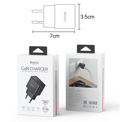 Caricabatterie Rete Yesido YC64, 30W, 3A, 1 x USB-A - 1 x USB-C, Nero