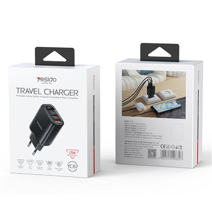 Caricabatterie Rete Yesido YC67 Display, 17W, 2.4A, 2 x USB-A - 1 x USB-C, Nero