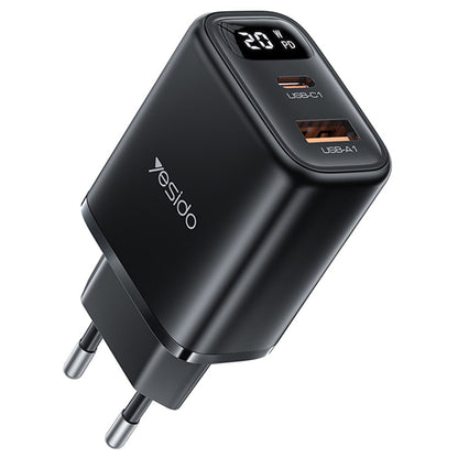 Caricabatterie Rete Yesido YC68, Display 20W, 3A, 1 x USB-A - 1 x USB-C, Nero